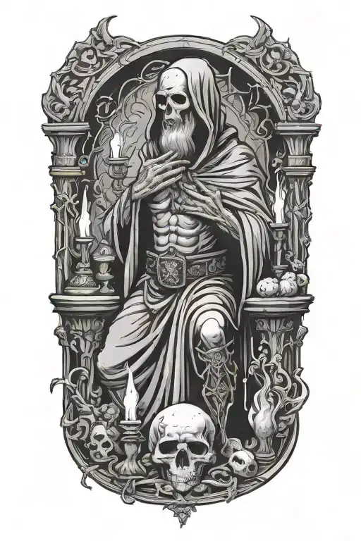 Hermit looking forwards performing a ritual, candles, altar, skulls, void  tattoo design idea