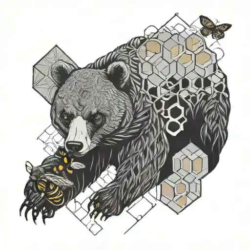 griizzly bear and honey bee and geometric honey comb tattoo design idea