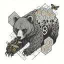 griizzly bear and honey bee and geometric honey comb tattoo design idea