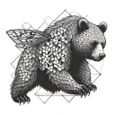 griizzly bear and honey bee and geometric honey comb tattoo design idea