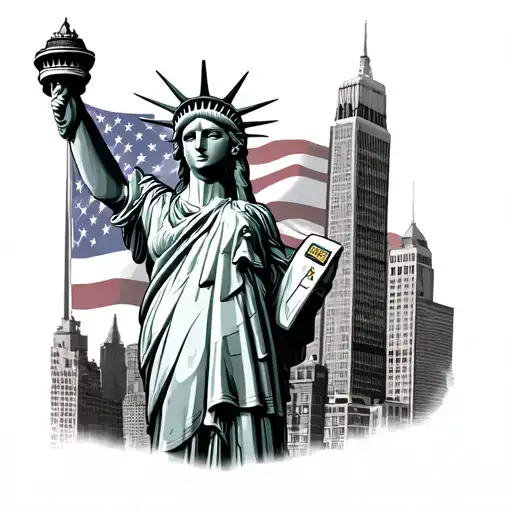 Statue of Liberty, NYC skyline, American flag, police officer saluting tattoo design idea