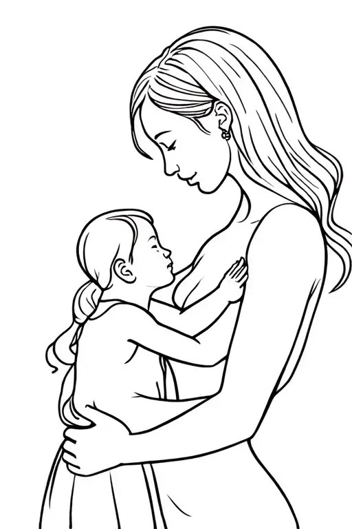 A woman holding her daughter in arms. The child hugs his mother. Mother looks tenderly at the dolly daughter tattoo design idea