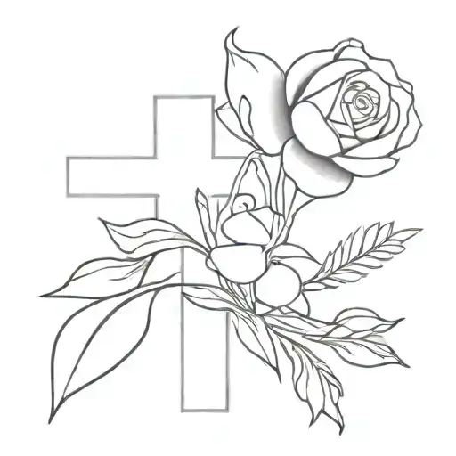 cross with outline of rose, lavender flower and tulip flower coming out of the top of the cross tattoo design idea