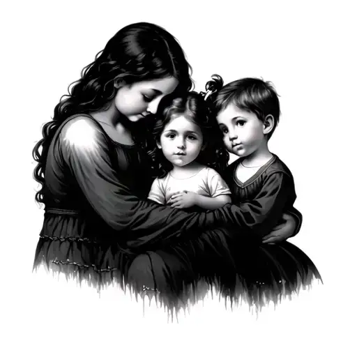 Mother holding two boys and one girl tattoo design idea