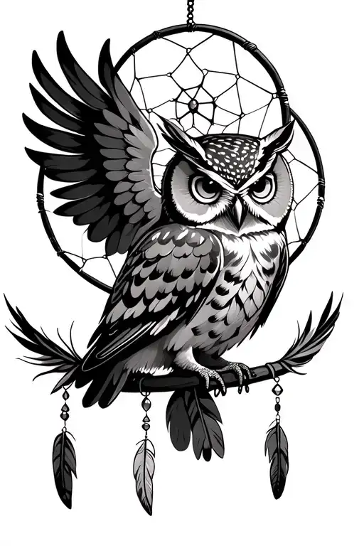 dream catcher owl with pretty eyes wings spread and Native American feathers and jewels hanging from the bottom.  tattoo design idea