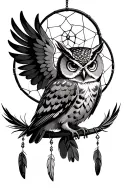 dream catcher owl with pretty eyes wings spread and Native American feathers and jewels hanging from the bottom.  tattoo design idea