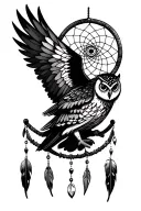 dream catcher owl with pretty eyes wings spread and Native American feathers and jewels hanging from the bottom.  tattoo design idea