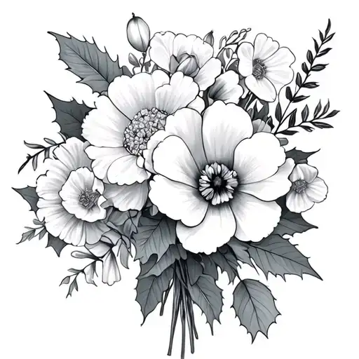 Bouquet of flowers, Carnation, snowdrop, holly, narcissus, holly, narcissus, chrysanthemum, peony, poppy, gladiolus. tattoo design idea