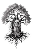 freya norse goddes growing together ygg drasil tree tattoo design idea