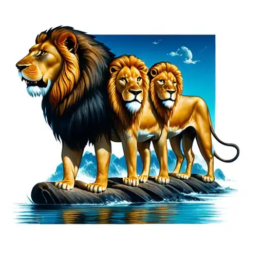3 lion with threes and river tattoo design idea