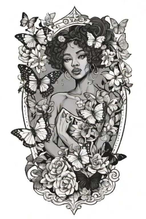 strength tarot card black woman butterflies flowers tattoo design idea