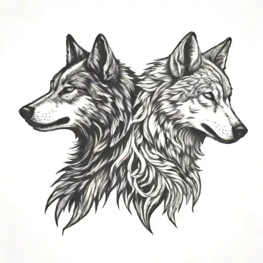 two wolves looking at each other. standing opposite and looking at each other. one of them white colour angry tattoo design idea