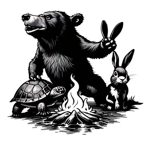 a grateful dead dancing bear, a turtle and a rabbit with a spring in the middle of it all dancing around a camp fire tattoo design idea
