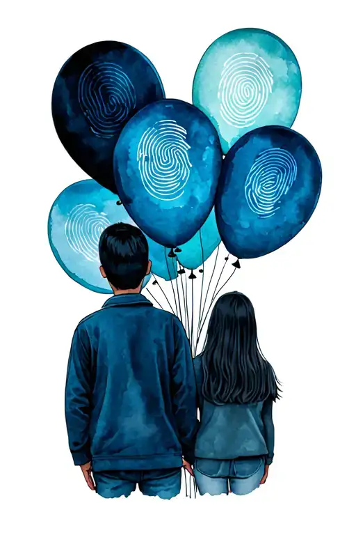 parents holding a bunch of 5 balloons with kids fingerprints in the balloons  tattoo design idea