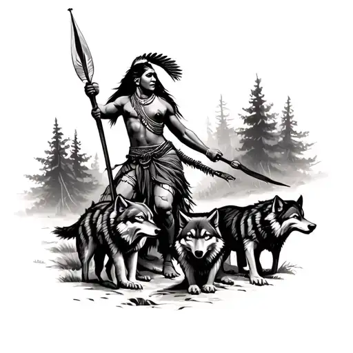 Indian with spear fighting off wolves in woods surrounded tattoo design idea