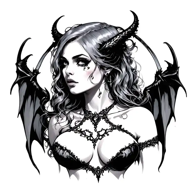 Gothic, Succubus, Big Boobs, Looking To The Right tattoo design idea