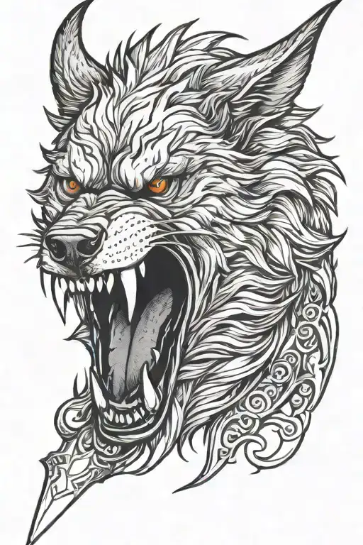 a head on image of Fenrir with a sword stabbed through Fenrir's mouth vertically while he is snarling  tattoo design idea