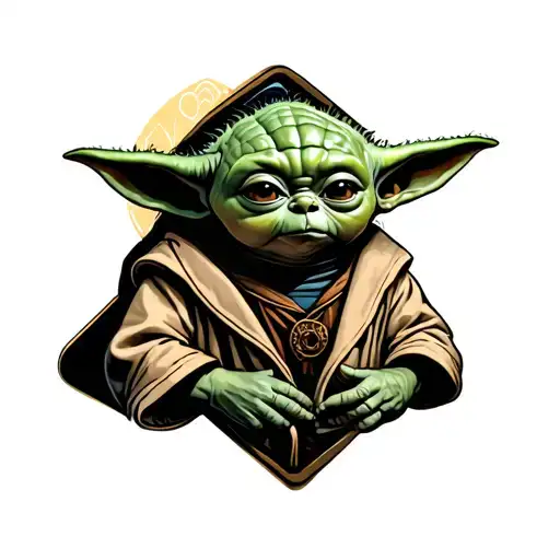 baby yoda in pod holdind a tardis doctor tattoo design idea