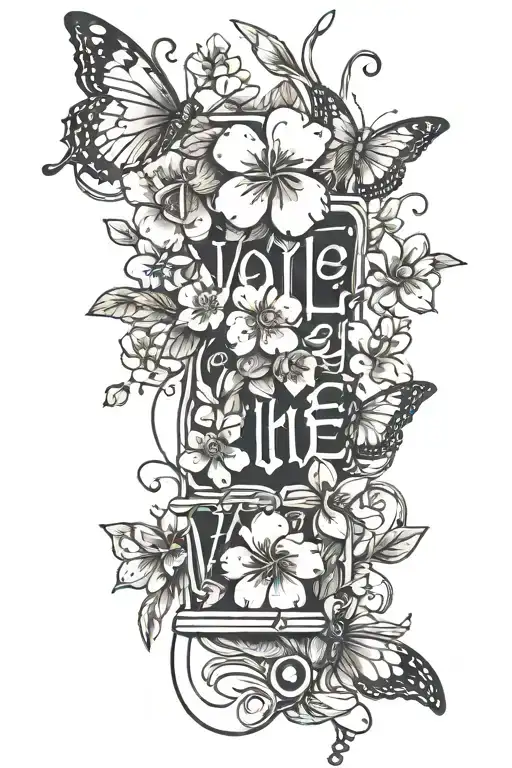 a small vertical arm tattoo of cherry blossoms and butterflies and the word “volle autonomie” written vertically down t tattoo design idea