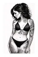 tattoo woman ware bikini show whole body standing Sideway tattoo design idea
