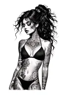 tattoo woman ware bikini show whole body standing Sideway tattoo design idea