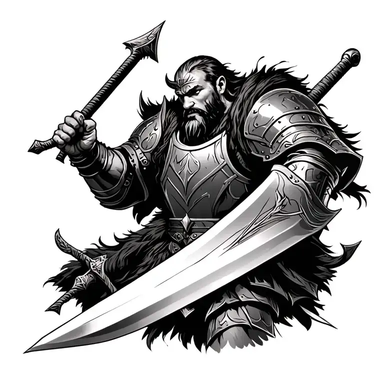 viking warrior wielding his sword in full armor tattoo design idea