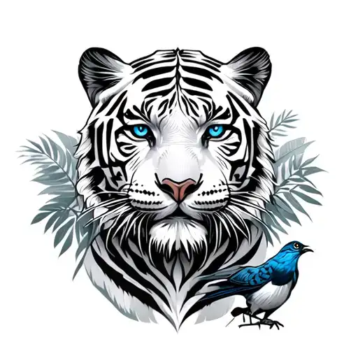 white tiger with blue eyes in a jungle with a cardinall bird and trojan horse tattoo design idea