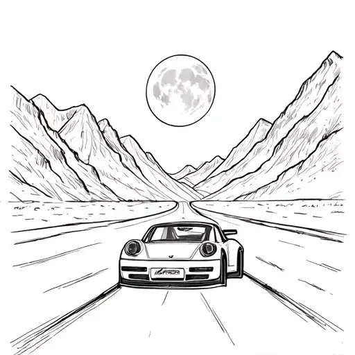 porsche 911 on a road with mountains in the back with the moon tattoo design idea