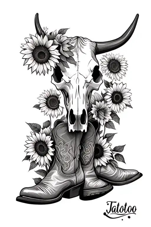 cow skull, cowboy boots, sunflowers tattoo design idea