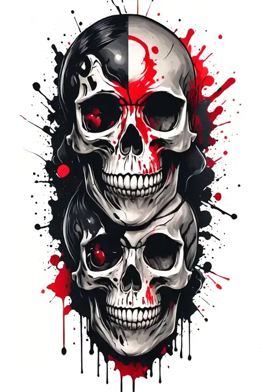 3 skulls, one facing front, and the other two looking sideways like a mugshot,  tattoo design idea