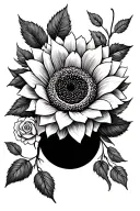 roses, sunflower, semi colon symbol morphing tattoo design idea