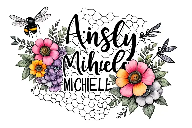 Ainsley Michelle in a feminine font with an accent bumble bee and dragonfly, colorful flowers and a small honeycomb tattoo design idea