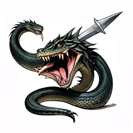 basilisk type snake with a Dagger going through the top of its head with its mouth open in pain , showing whole body tattoo design idea