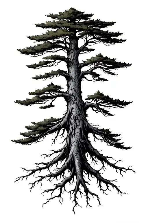 indie folk forest and pine tree with roots tattoo design idea