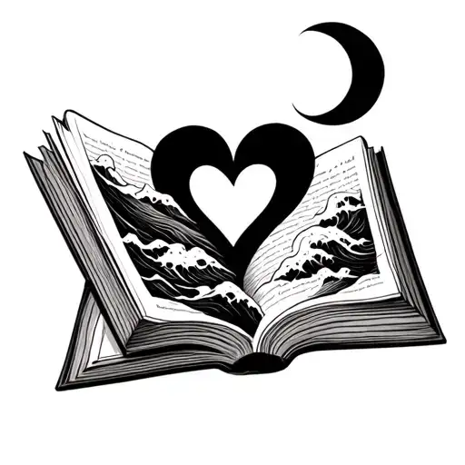 open book with waves in shape of a heart and a crescent moon tattoo design idea