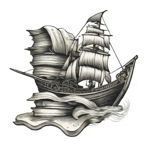 An entrepreneur sailing on a boat made of books, symbolizing the journey of knowledge and business tattoo design idea