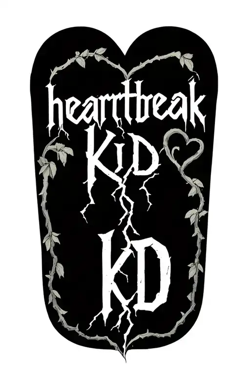 the words heartbreak kid with the static shock font with broken hearts and vines going through the words  tattoo design idea