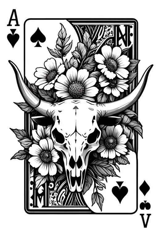 wild flowers with bull skull with small set of playing cards king tattoo design idea