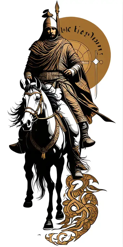 muslim warrior on a horse and some writing  tattoo design idea