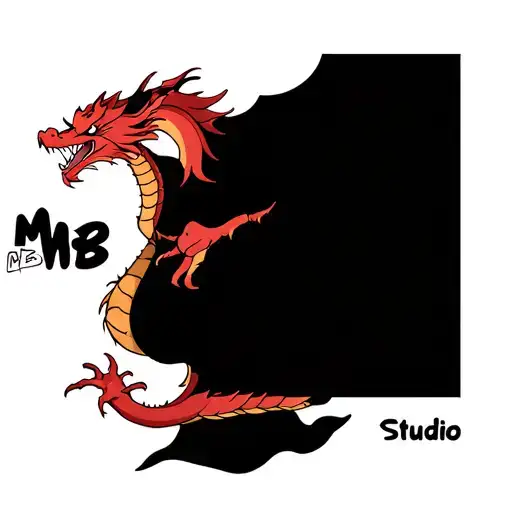 Easy and simple japanese style red dragon with banner that says "MB Studio" with tradicional japanese colors, store logo tattoo design idea
