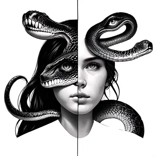 equally split half girl face with snake face tattoo design idea
