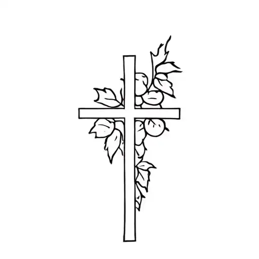 fine line cross with grape vine tattoo design idea