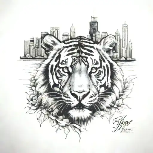 tiger,lion cub, chicago skyline made tattoo design idea