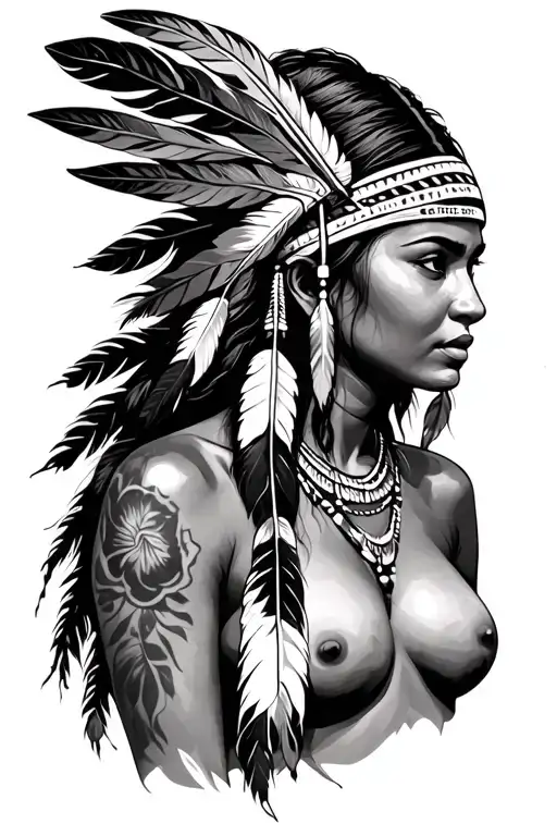 topless native american female with no tattoos and single feather headband tattoo design idea