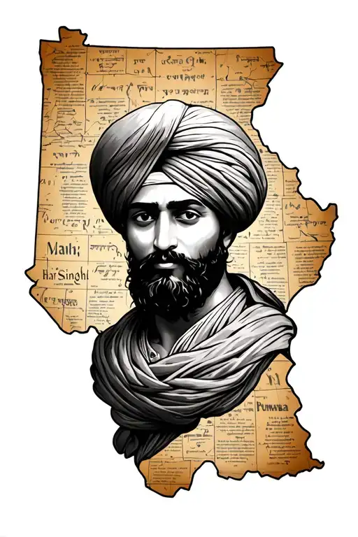 hari singh nalwa. with old punjab map with punjabj letters. also include somethings in background about sikh history tattoo design idea