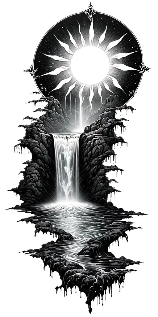 a sun flowing into a river that turns into a waterfall with small rain drops at the end of the waterfall tattoo design idea