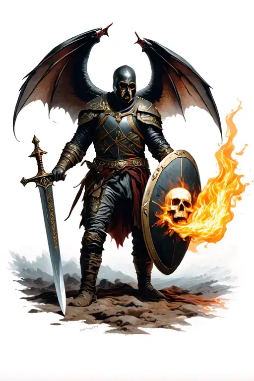 soldier with bat wings decending from heaven holding an flaming sword and shield in his hands with half of his skull exp tattoo design idea
