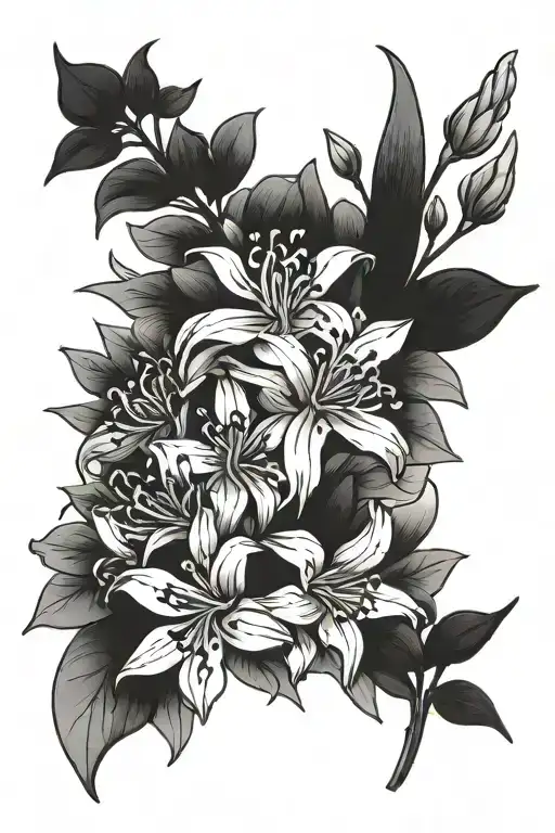a flower bunch of nerine,lupin and eucalyptus leaves tattoo design idea