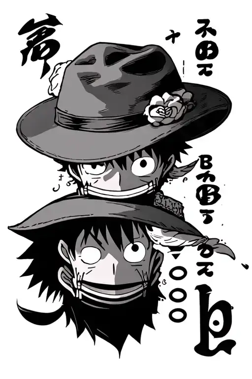 I want the word "brotherhood" translated in japanese written vertically with the hat of Luffy and Ace placed on the symb tattoo design idea