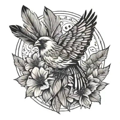 cardinal, butterfly, feather tattoo design idea